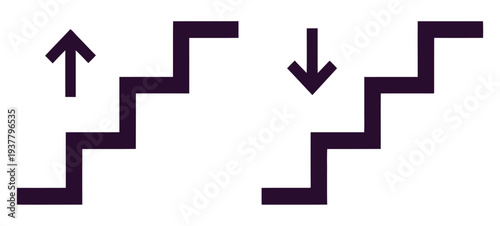 Stairs, icon set with upward and downward directions, isolated symbols representing stairs up and stairs down, clean modern flat vector illustrations for architecture, construction