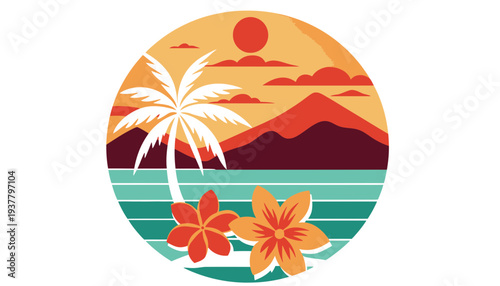 A vibrant tropical island illustration with palm tree and mountain view