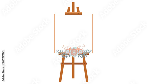 A wooden easel with a blank canvas and floral decoration