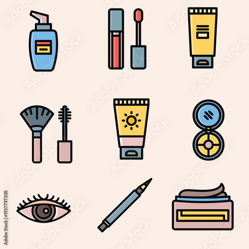 Modern Flat Design Set of Beauty and Cosmetic Icons. Collection of Skincare and Makeup Product Illustrations for Web and App UI Design. Essential Personal Care Graphic Elements