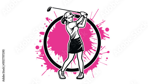 Golf woman silhouette icon illustration with pink paint splatter background