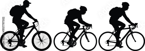 Cyclist riding bicycle silhouettes set, mountain bike and road bike rider sport activity isolated on white background