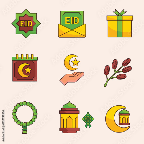 Vibrant Collection of Islamic Holiday Icons, Featuring Eid Mubarak Elements, Festive Gifts, Dates, Prayer Beads, Lanterns, and Crescent Moons, Perfect for Celebration Designs
