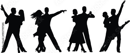 Ballroom dancing couple silhouettes set, romantic partner dance poses, elegant waltz and tango performance concept illustration