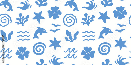 Marine summer naive seamless pattern. Vector design of the sea and ocean