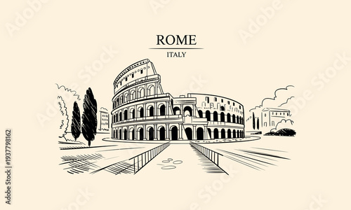 Sketch of the Colosseum in Rome Italy with trees and buildings Italian ancient