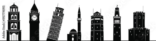 World Famous Towers Silhouette Set: Leaning Tower of Pisa, Big Ben, and Historic Bell Tower Icons