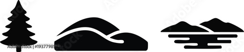 Natural Landscape Silhouette Set: Evergreen Tree, Rolling Hills, and Lakeside Mountain Icons