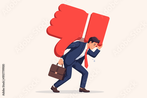 Stressed businessman in a suit carrying a giant red thumbs down icon on his back, symbolizing the heavy burden of negative feedback, bad reputation, customer complaints, and corporate failure.