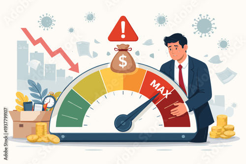 Businessman Facing Bankruptcy and Financial Crisis Due to COVID-19 Pandemic Impact with High Debt Risk Gauge, Economic Recession, Market Crash, and Job Loss Concept Vector Illustration