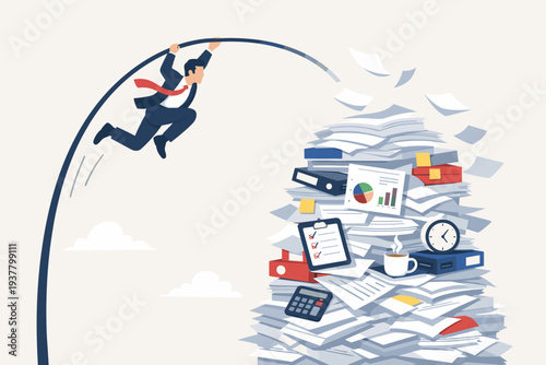 Businessman Pole Vaulting Over a Massive Pile of Paperwork and Office Documents, Concept of Efficiency, Productivity, Time Management, Overcoming Busy Workload, Stress, and Achieving Business Goals
