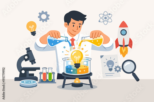Creative scientist conducting laboratory experimentation to discover a new business idea or successful solution, pouring chemicals into a beaker with a glowing lightbulb, innovation concept.