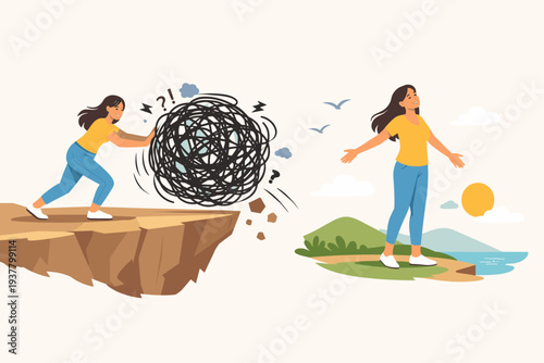 Woman Pushing a Tangled Ball of Stress and Anxiety off a Cliff to Find Peace and Mental Wellness, Concept of Overcoming Depression, Emotional Relief, Therapy, and Relaxation Vector Illustration.
