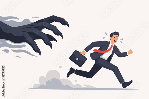 Scared Businessman Running Away from Giant Shadowy Monster Hand, Concept of Business Failure, Anxiety, Stress, Depression, Panic Attack, Financial Crisis, and Workplace Pressure Illustration