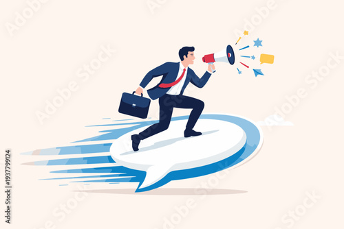 Businessman Surfing on a Fast Speech Bubble Holding a Megaphone for Marketing and Communication. Concept of Storytelling, Public Speaking, and Delivering Messages Quickly to Customers or Team.