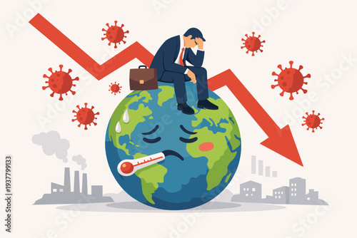 Global Economic Recession and Financial Crisis Concept with Sad Businessman Sitting on Sick Earth Planet During COVID-19 Coronavirus Pandemic, Stock Market Crash and World Great Depression Vector