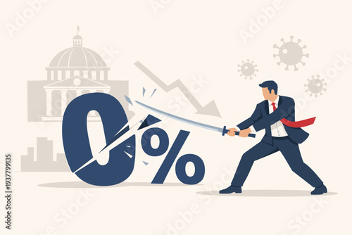 Businessman Cutting Zero Percent Interest Rate with Sword, Central Bank Federal Reserve FED Monetary Policy to Fight Economic Recession During Coronavirus Pandemic, Negative Interest Rates Concept