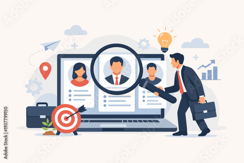 Recruitment and Job Search Concept with Businessman Holding Magnifying Glass to Find Best Candidate on Laptop Screen, Human Resources Talent Acquisition, Career Opportunity and Employment