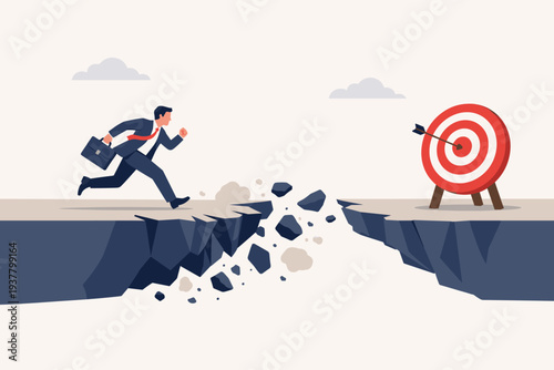 Businessman Running Towards Target on a Crumbling Cliff, Concept of Business Failure, Risk, and Struggle to Reach Goals Amidst Uncertainty and Crisis, Professional Challenge Vector Illustration