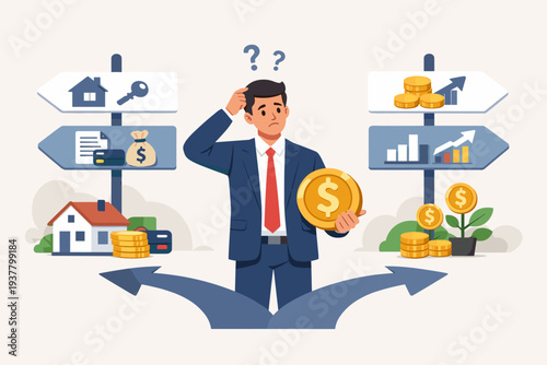 Businessman Making Financial Decision Between Real Estate and Stock Market Investment. Man at Crossroads Choosing to Buy a House or Invest Money for Profit and Growth. Wealth Management Concept.