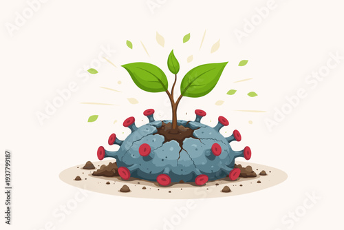 Post-pandemic economic recovery and hope concept vector illustration featuring a green plant sprout growing from a cracked coronavirus cell, symbolizing business growth and new life after COVID-19.