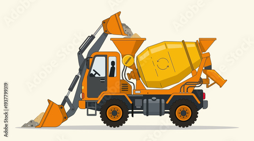 Concrete mixer truck with excavator arm loading gravel