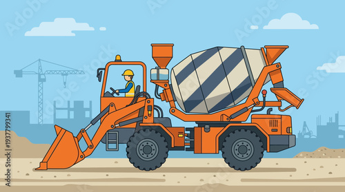 Construction Worker Driving Cement Mixer Truck on Building Site