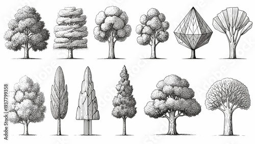Black and white hand-drawn tree illustrations with intricate details and styles