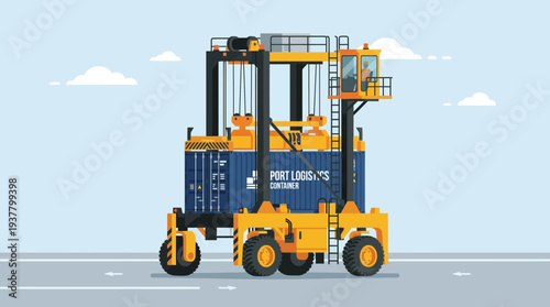 Container reach stacker lifting blue shipping container at port logistics