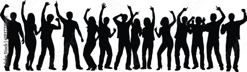Dancing people silhouettes crowd party celebration, men and women dancing club music festival energy isolated on white background