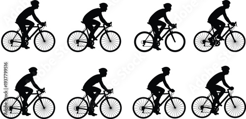 Cyclist riding road bicycle silhouettes collection, professional cycling sport activity, athlete on bike side view isolated illustration