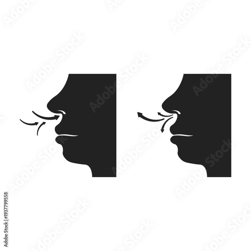 Isolated illustration of silhouette of breathing through nose while inhaling and exhaling, for icon image about nose and respiratory health advertisement in clinic and hospital.