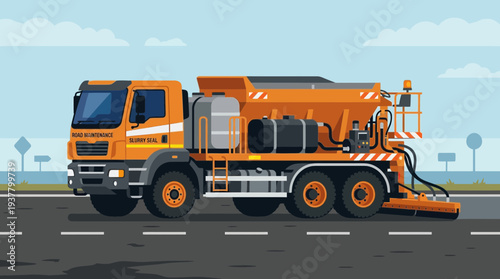 Orange asphalt paving truck on a road, illustration