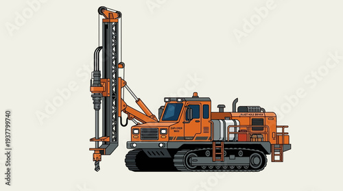 Orange drilling rig on tracks, industrial heavy machinery, construction equipment illustration