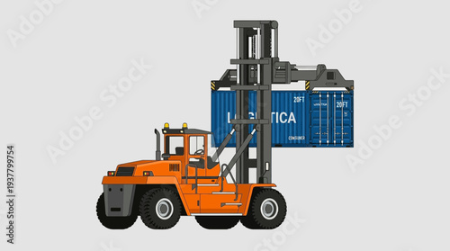 Orange forklift truck lifting blue shipping container