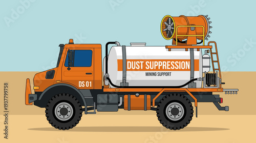 Orange dust suppression truck for mining support