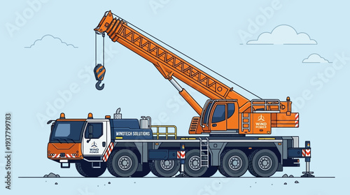 Orange mobile crane truck with extended boom and hook on light blue sky background