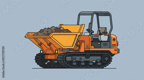 Orange tracked dumper truck filled with soil on a plain background