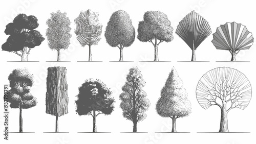 Collection of artistic tree illustrations featuring different canopy shapes and branch structures set
