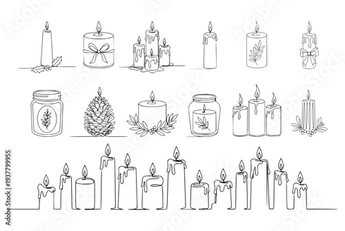 Multiple candle line artworks in minimal style on white background capturing holiday concept seasonal theme