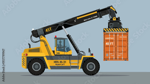 Yellow container handler lifting an orange shipping container against a plain background