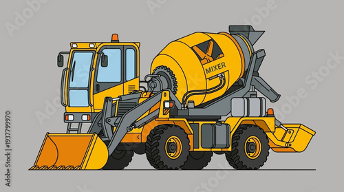 Yellow concrete mixer truck with front loader on grey background
