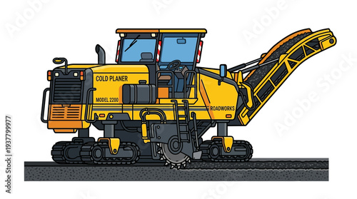 Yellow cold planer machine on white background, road construction equipment