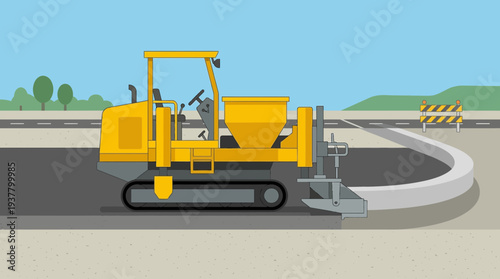 Yellow curb machine laying concrete on road construction site