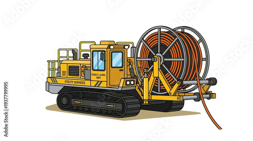 Yellow crawler vehicle with large wire spool