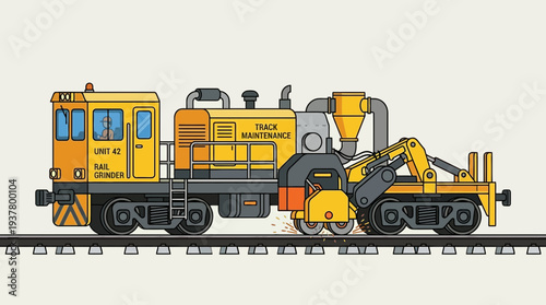 Yellow track maintenance train grinder on railroad tracks, illustration