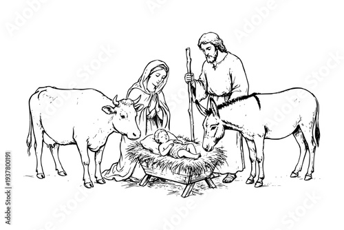 Line art showing infant in manger with two adults, cow and donkey on white background, symbolizing nativity concept