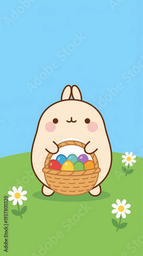 Cute bunny with basket of colorful Easter eggs in meadow vector