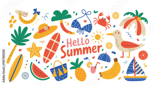 Cartoon Summer Beach Sticker Set in Retro 90s Style, Bright Groovy Funky Vacation Elements with Sun, Shore, Swimwear and Beach Party Icons, Trendy Sticker Pack of Patches, Labels and Stamps for Summer