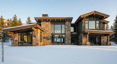 A modern mountain home with stone and wood accents sits nestled in a snowy landscape, surrounded by pine trees under a clear blue sky.